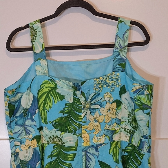 Talbots Petite Linen Tropical Botanical Midi Dress Sleevels Lined Blue Green 16P - Picture 10 of 16